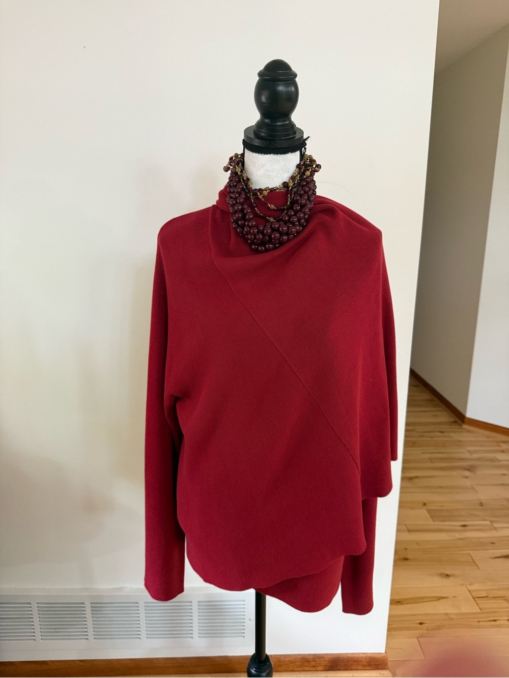 Eileen Fisher Red Open-Front Cardigan with Multicolor Silk Scarf